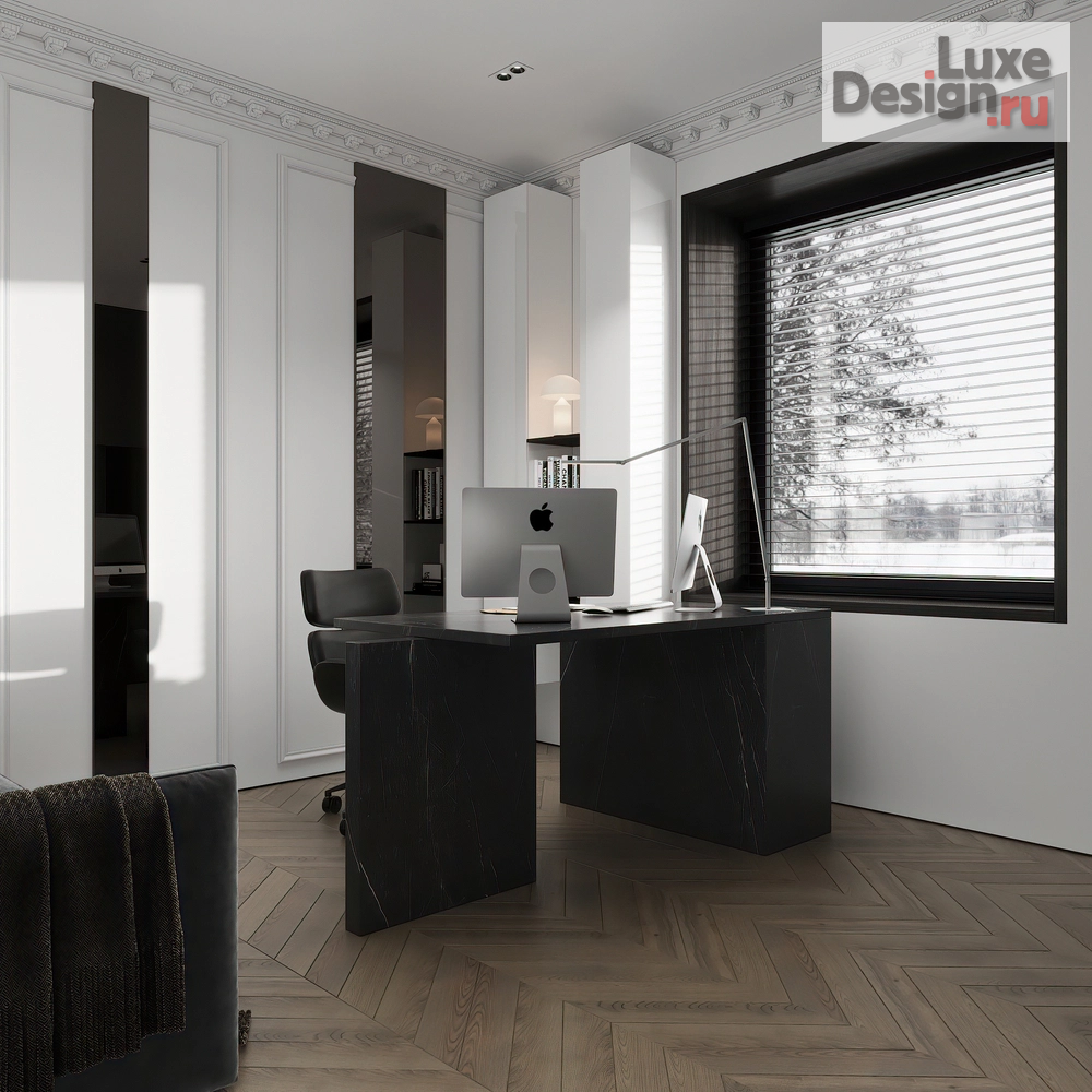 Дизайн интерьера загородного дома "**Мой идеальный кабинет: неоклассика с тёмными акцентами**" (фото 1)