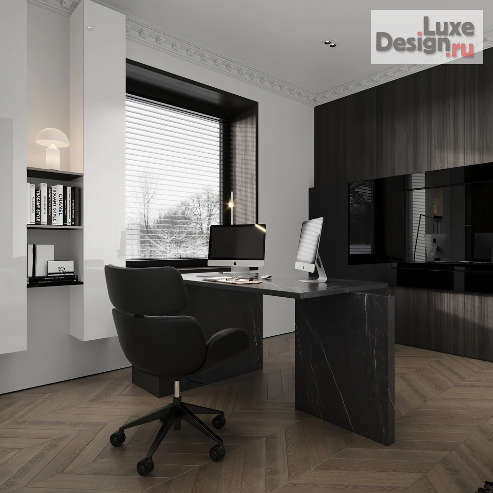 Дизайн интерьера загородного дома "**Мой идеальный кабинет: неоклассика с тёмными акцентами**" (фото 3)