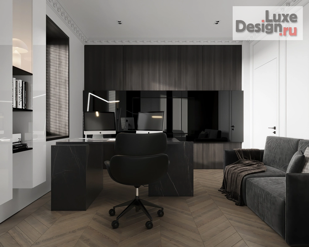 Дизайн интерьера загородного дома "**Мой идеальный кабинет: неоклассика с тёмными акцентами**" (фото 4)